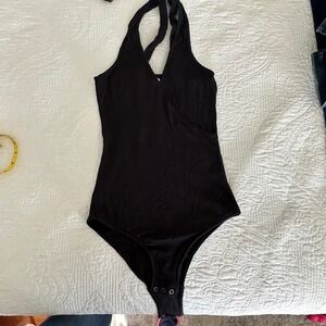 Abercrombie Fitch Black Ribbed‎ Halter Neck Wrap Bodysuit Women's Size Small